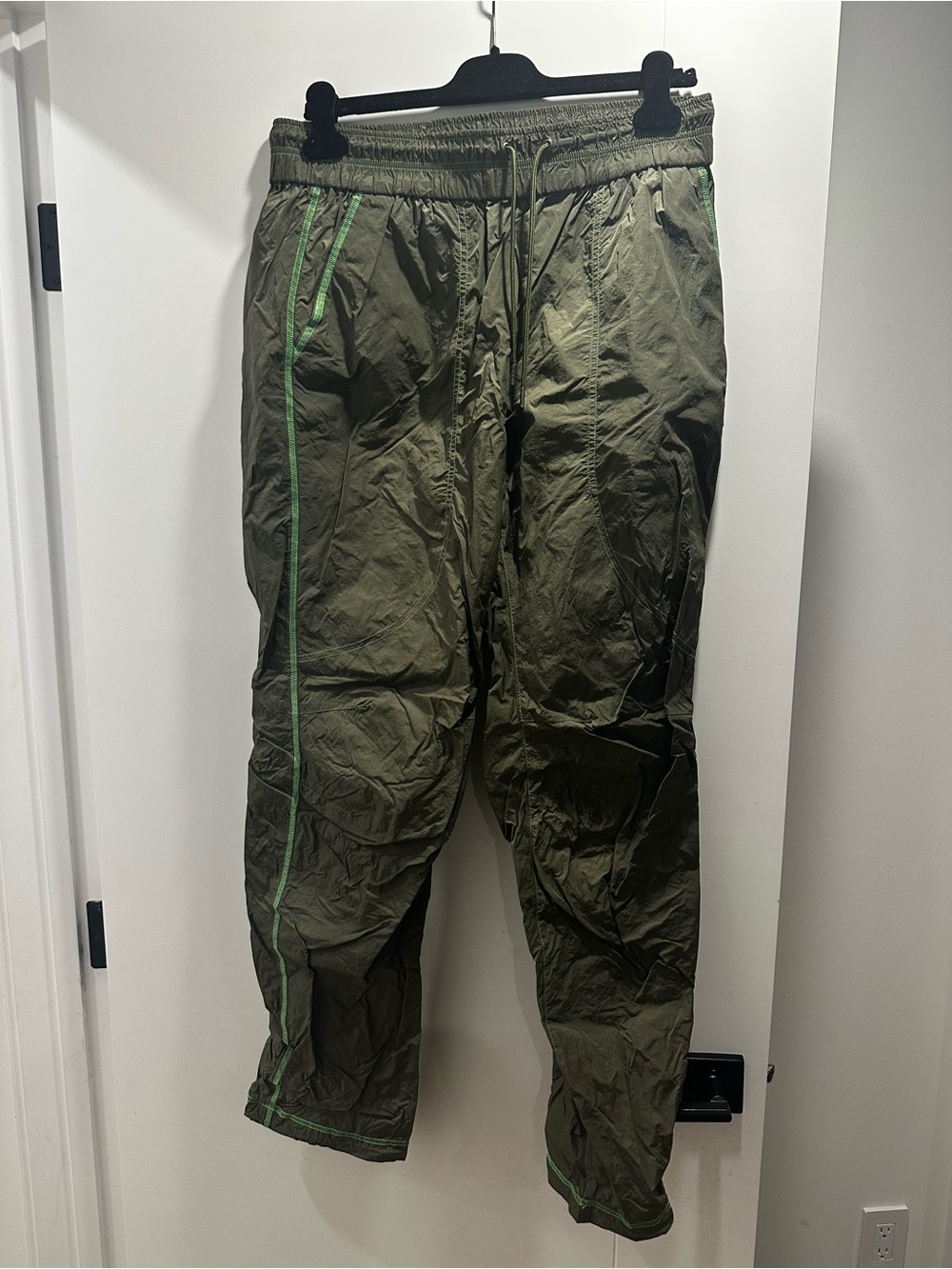 John Elliott Olive Green Track Pants with Light Green Piping